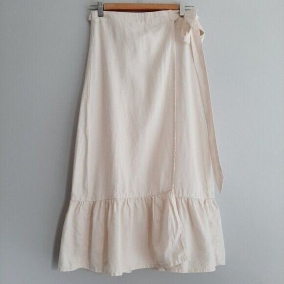 FOREVER 21 Linen Blend Tie Wrap Midi Skirt Ruffle Hem Sz M - Picture 3 of 11